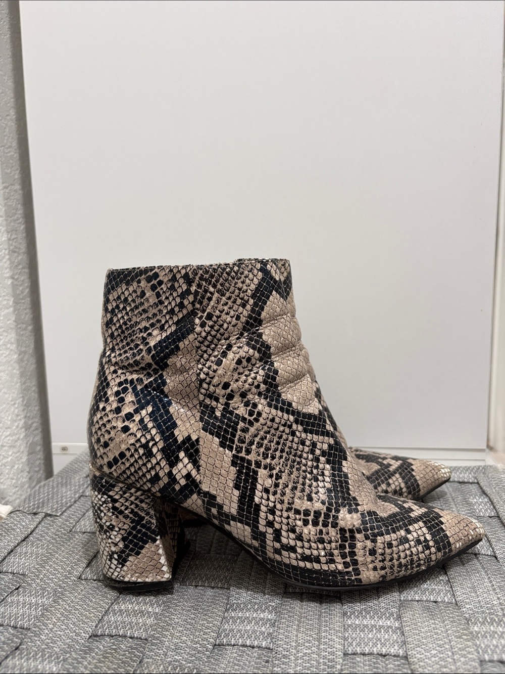 Marc Fisher Beige and Black Snake-Print Ankle Booties